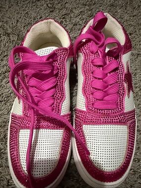 Women's White Sneakers with Hot Pink Accents and Rhinestones